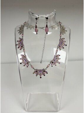 Vintage 1990 Silver Tone Purple Rhinestone Pink Enamel Necklace With Earrings